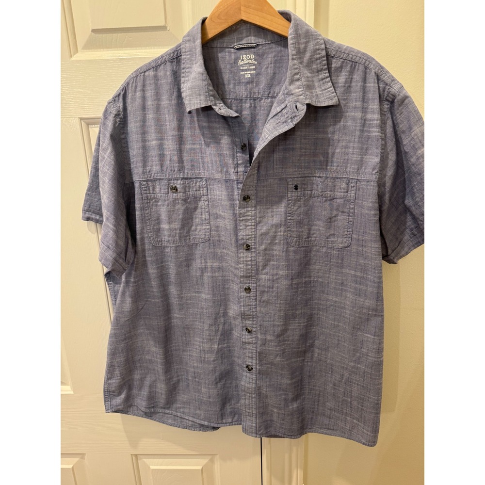 IZOD Saltwater Men XXL Blue Short Sleeve Button‎ up Shirt Relaxed Classic Cotton
